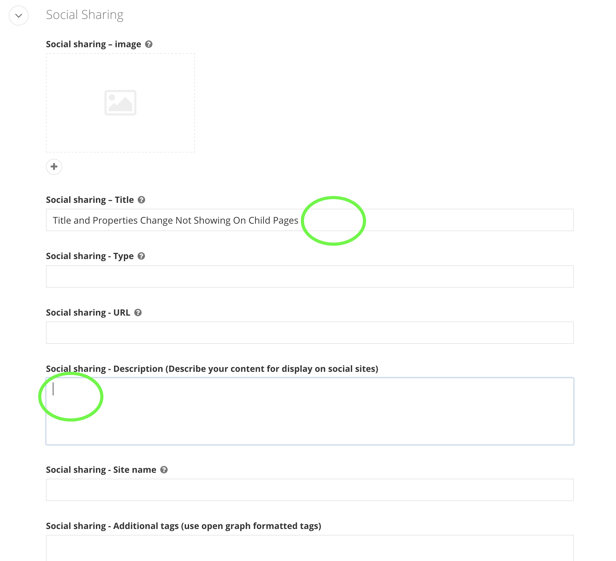Image showing where to update title and properties so it inherits down to child pages.
