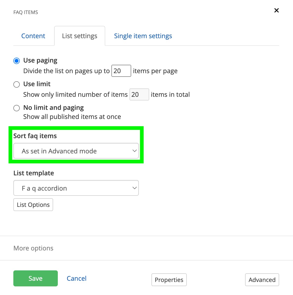 FAQ items - sort faq items setting