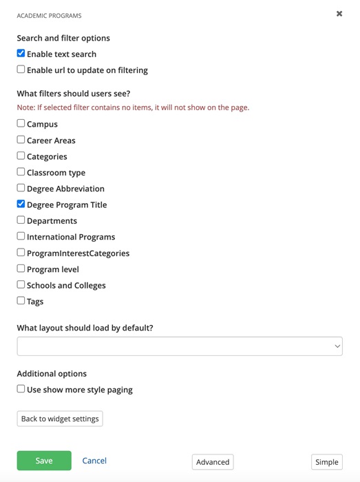 Select the filter and search options for the widget