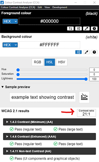 ccResults CCA tool where to find color contrast ratio result