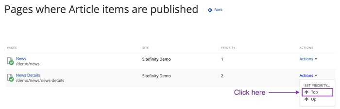Articles pages in the wrong order and actions menu