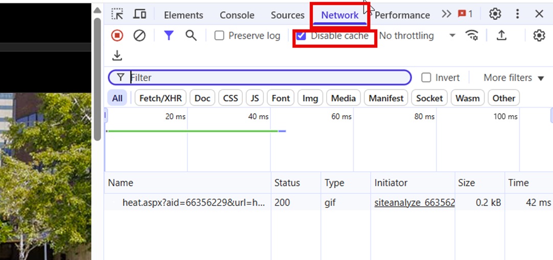 image showing developer tools open, the network tab highlighted and disable cache option checked.