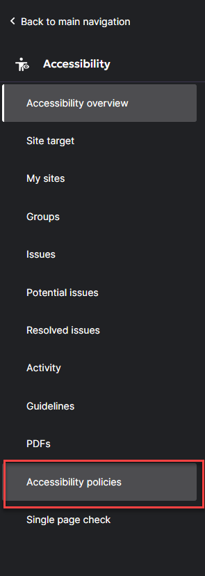 Siteimprove Accessibility Dashboard menu Accessibility policies selection