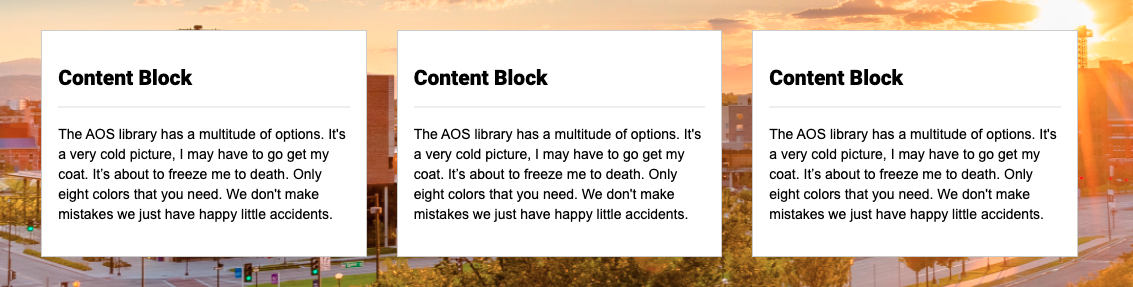 Example of the background widget using an image of CU Denver campus with 3 content black widgets