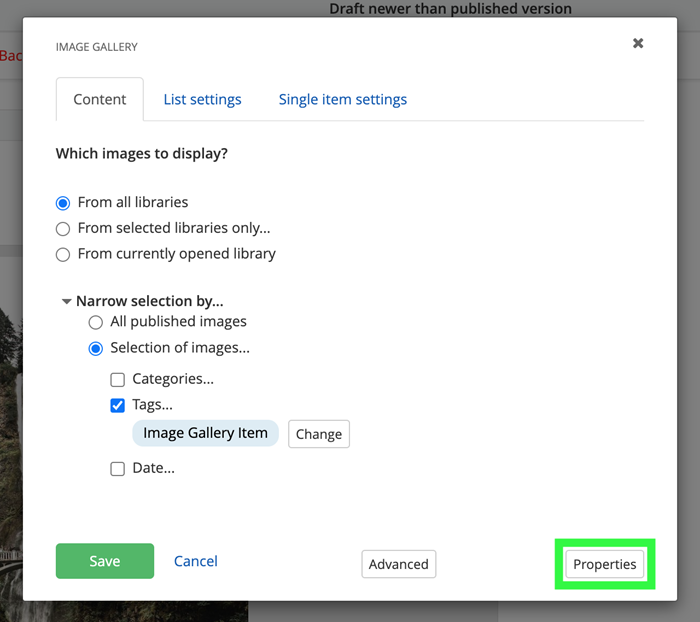 Image gallery widget - select edit and then properties