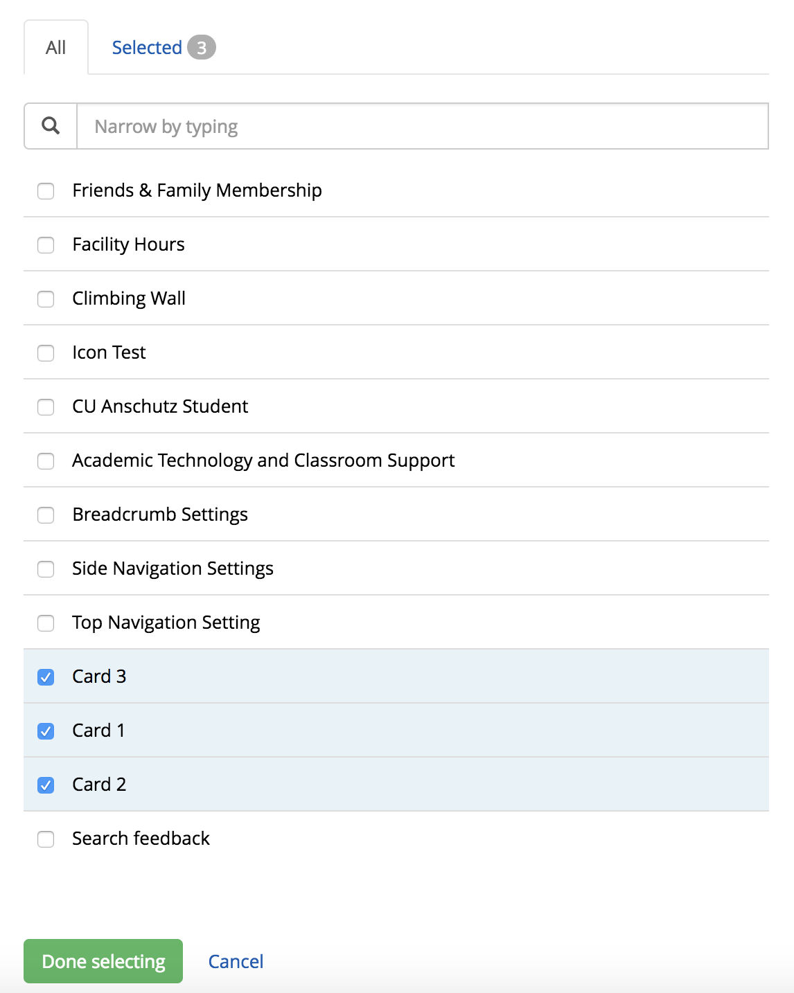 Screenshot of single items selected for sorted