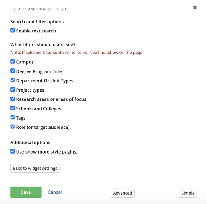 Research and creative projects search and filtering options