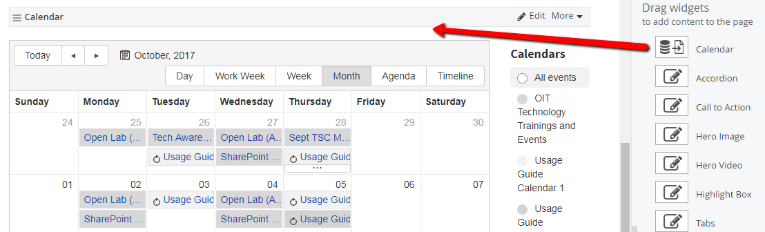 Dragging calendar widget to content area