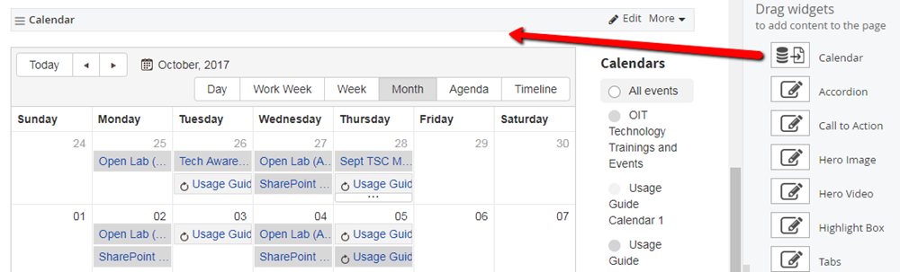Dragging calendar widget to content area Dragging calendar widget to content area