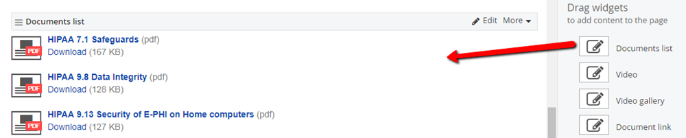 Dragging documents list widget to content area Dragging documents list widget to content area
