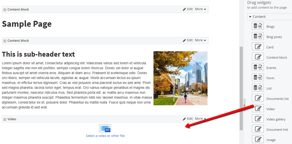 Dragging video widget to content area Dragging video widget to content area