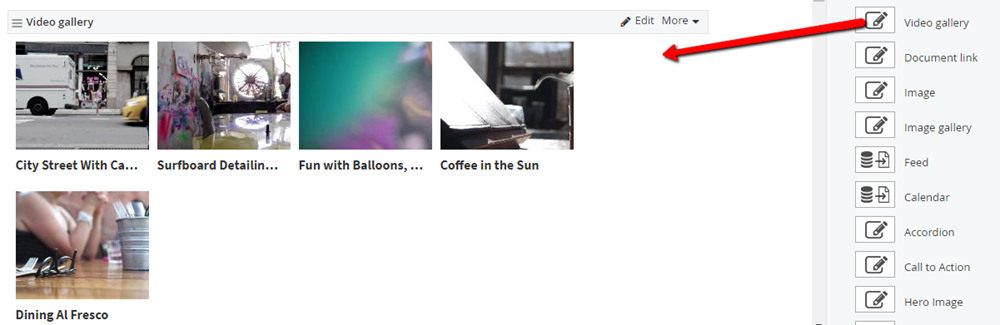 Dragging video gallery widget to content area Dragging video gallery widget to content area