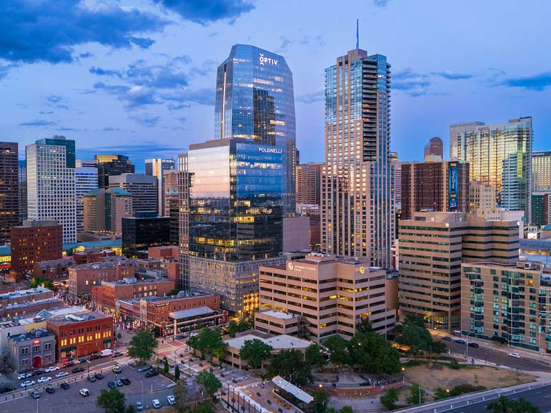 Aerial view showing CU Denver buildings nestled in Downtown Denver.