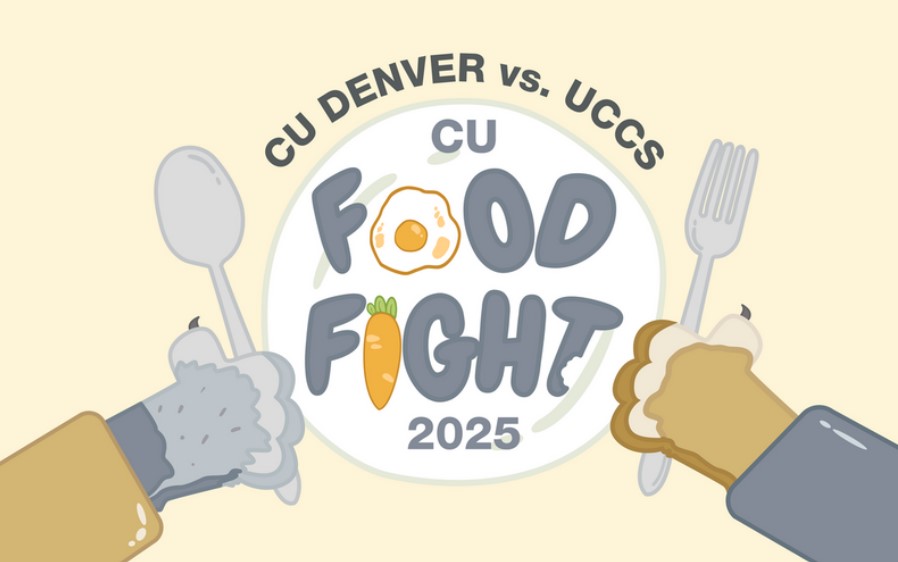 CU Denver food fight, two mascot hands holding a spoon and a fork, white plate in the background
