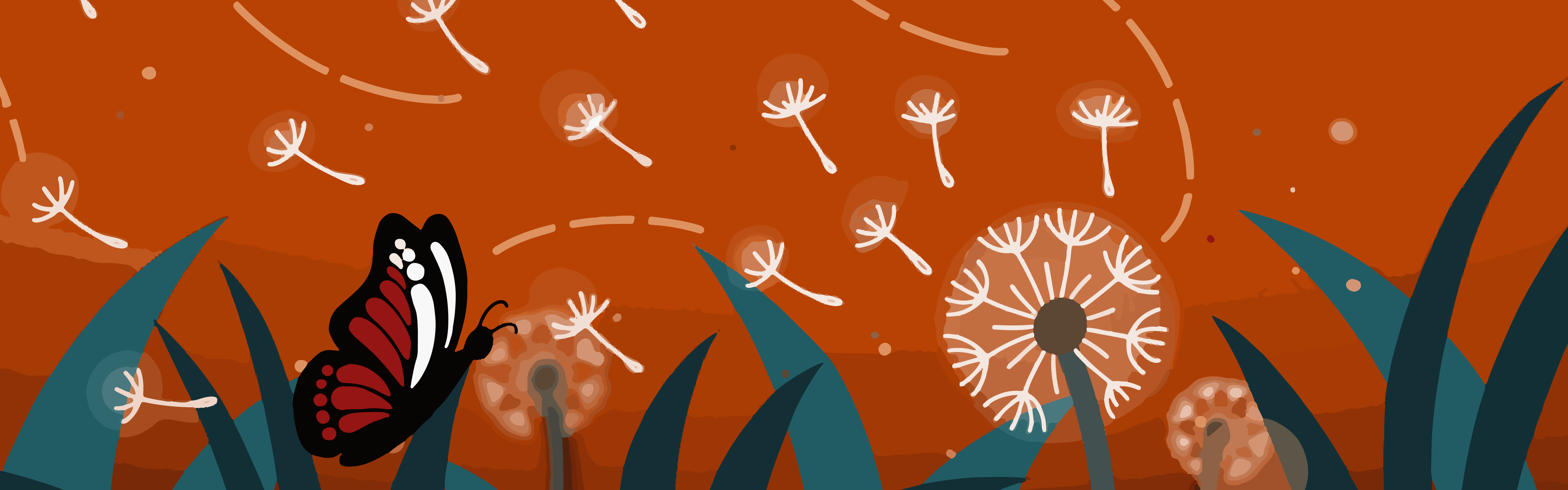 Graphic of a dandelion and butterfly in grass with dandelion seeds blowing in the wind