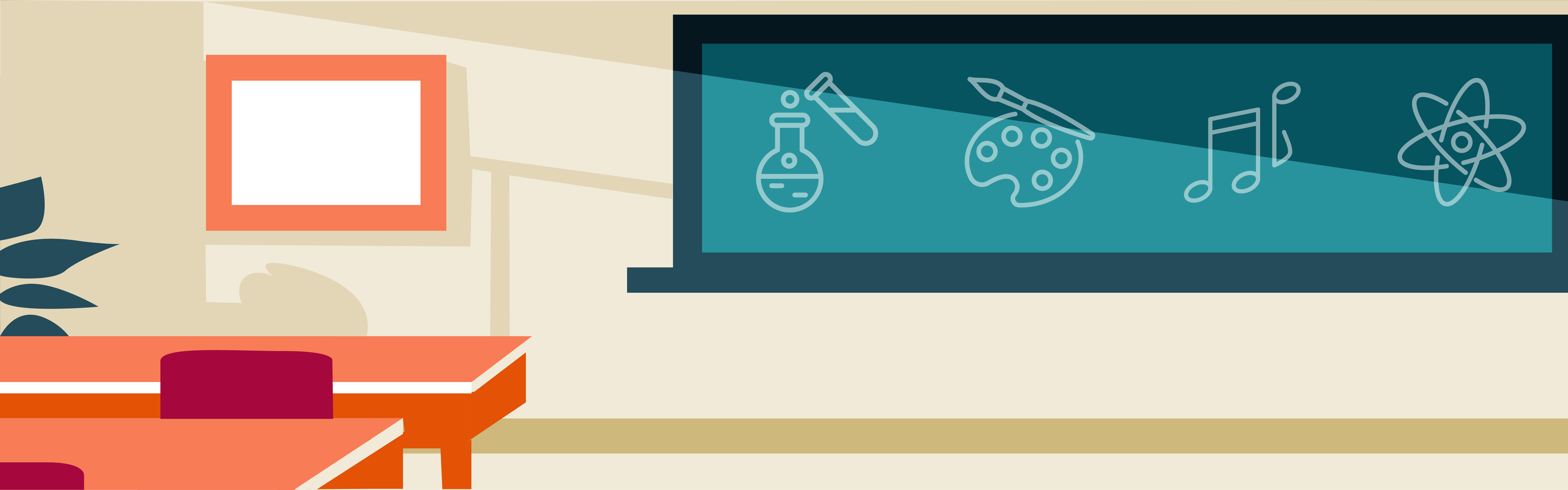Graphic of classroom with chalkboard. Chalkboard has drawings of chemistry flasks, a paint palette and paintbrush, music notes, and an atom.
