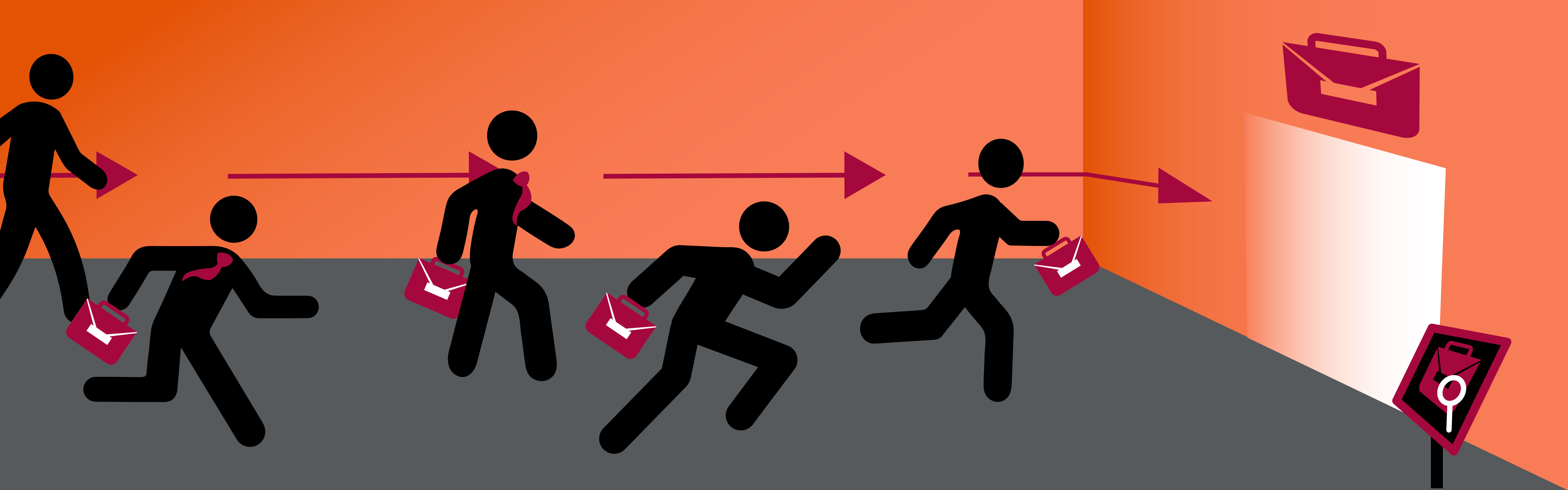 Graphic of figures with briefcases running towards an entrance located underneath a briefcase icon