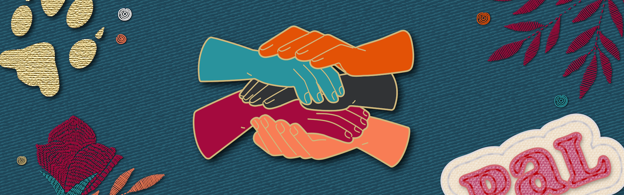 Graphic of pin of hands stacked, a PAL patch, a paw print patch, and floral patches