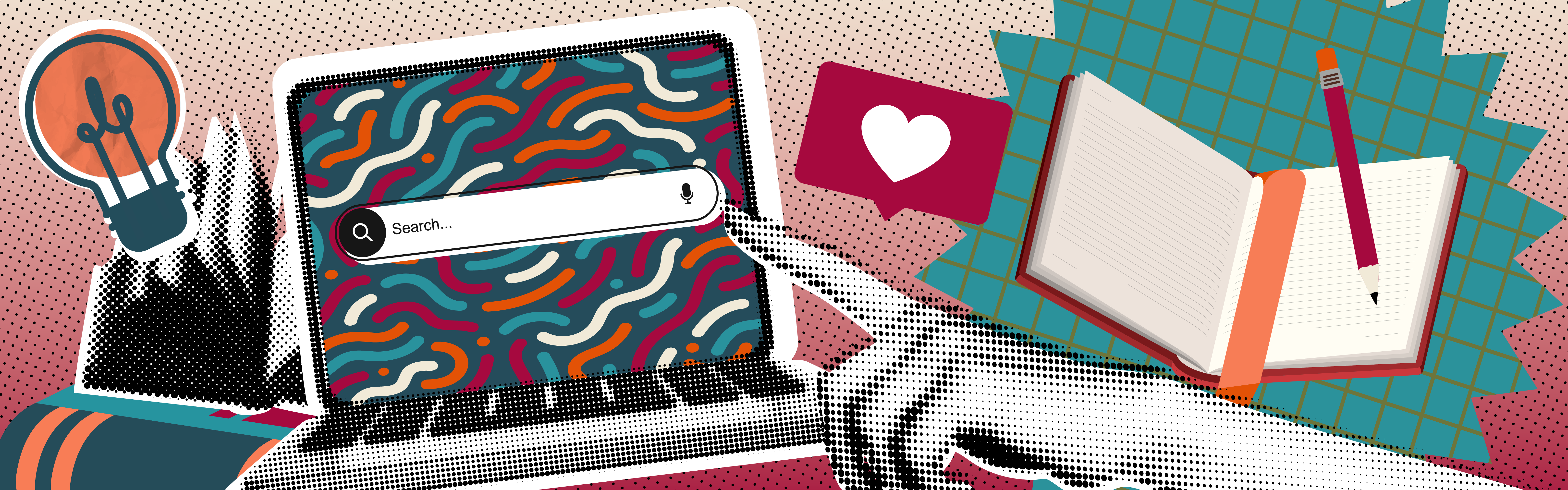 Collage of graphics of a laptop, books, a hand pointing, a lightbulb, and a like notification