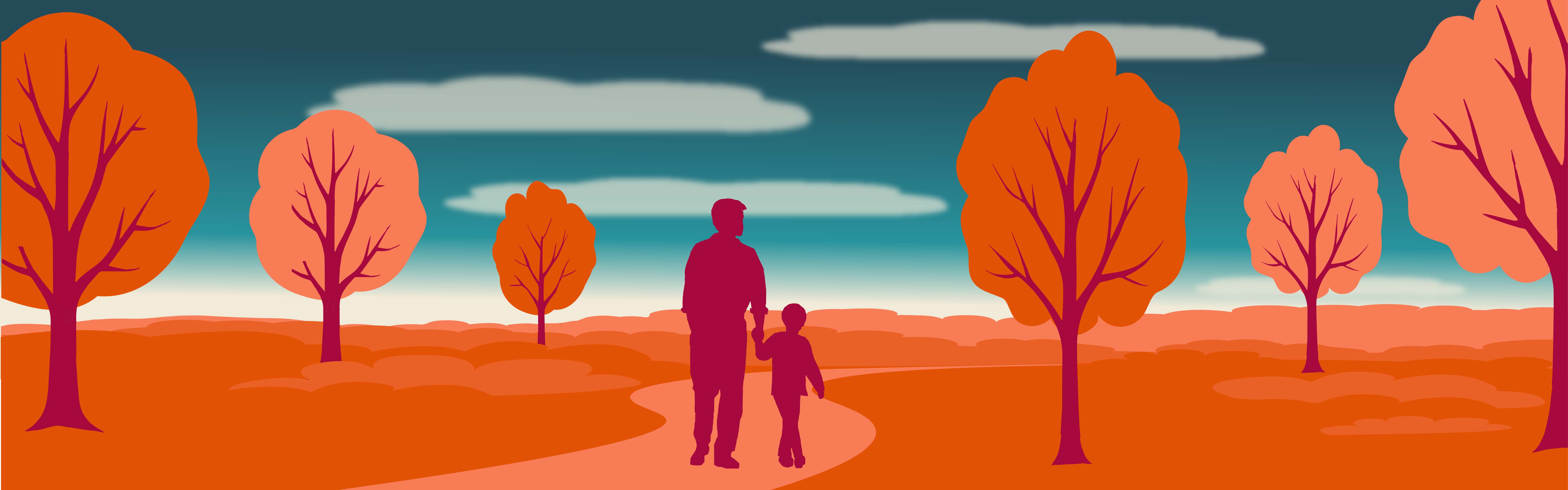 Graphic of silhouette of a person walking with a child along a path