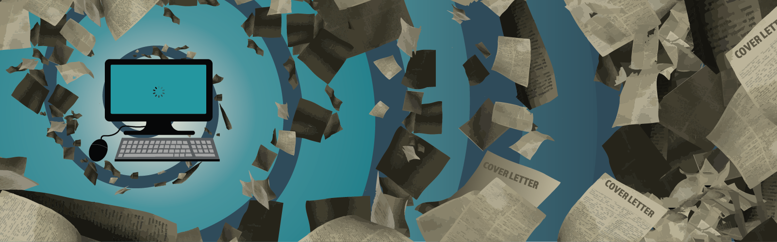 Graphic of cover letters spiraling out of a computer