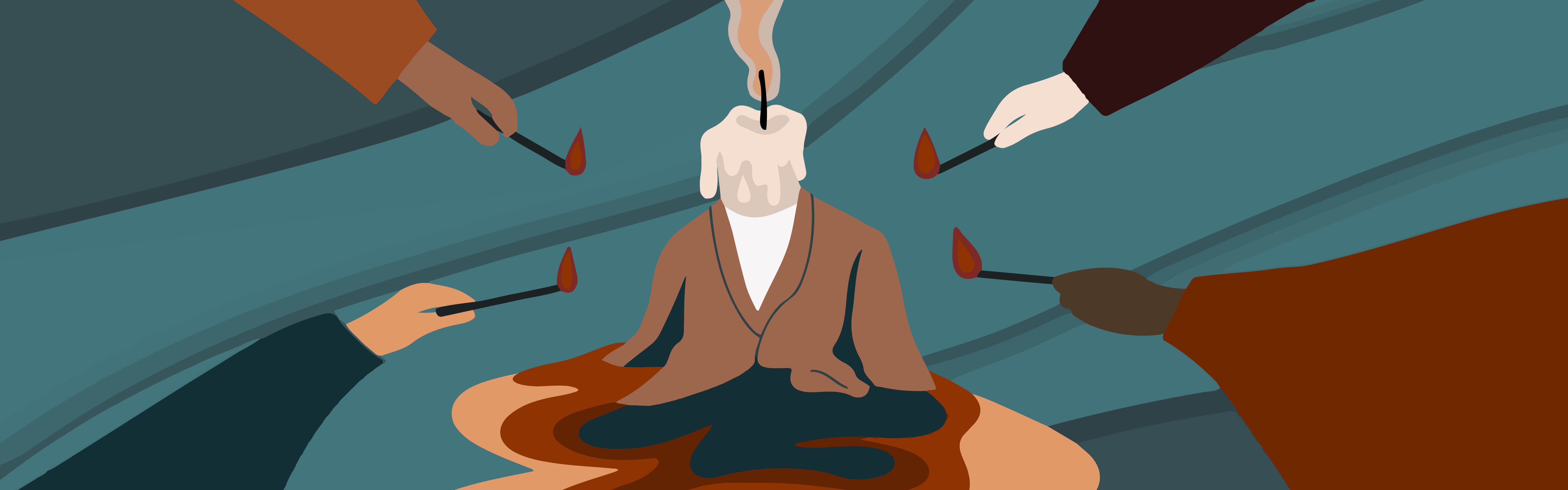 Graphic of hands lighting a melting candle shaped like a person