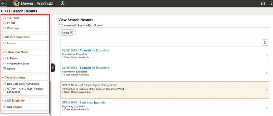 Red box around class search filters