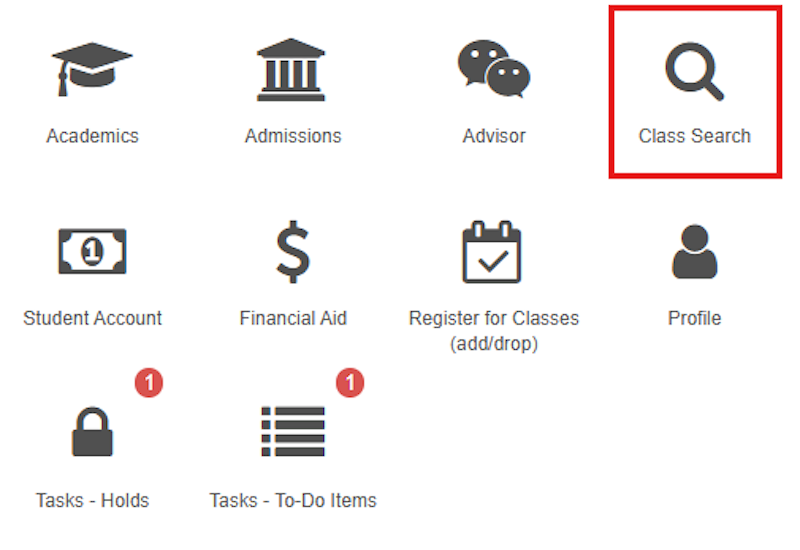 Graphic of red box around Class Search widget