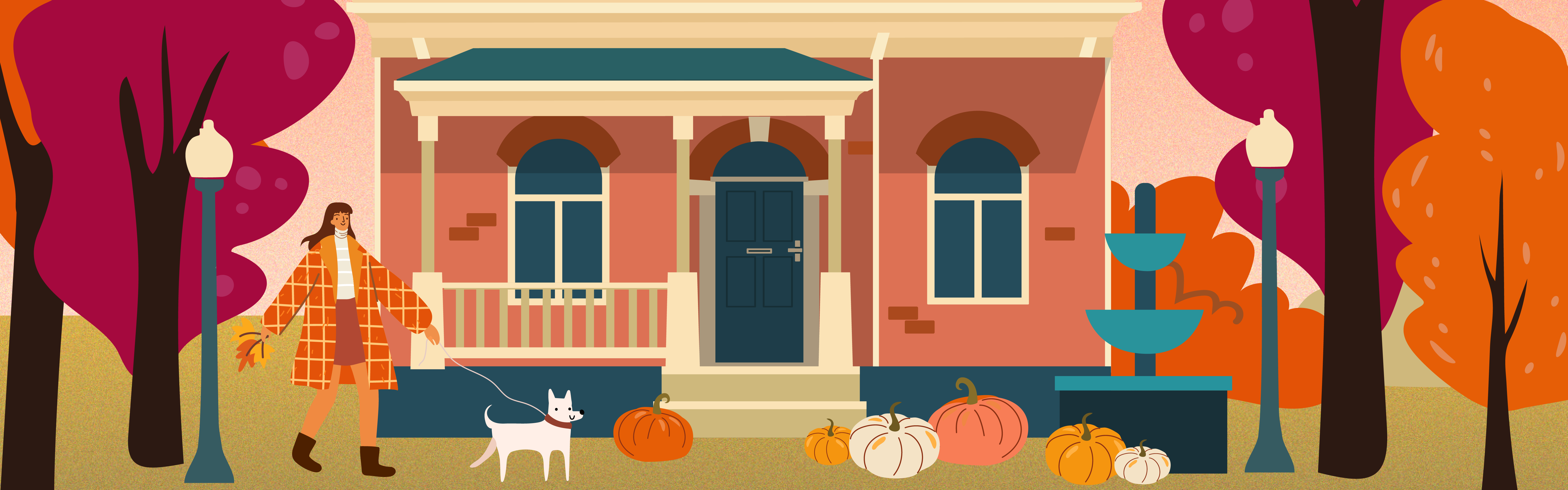 Graphic of colorful house in fall with person walking dog in front