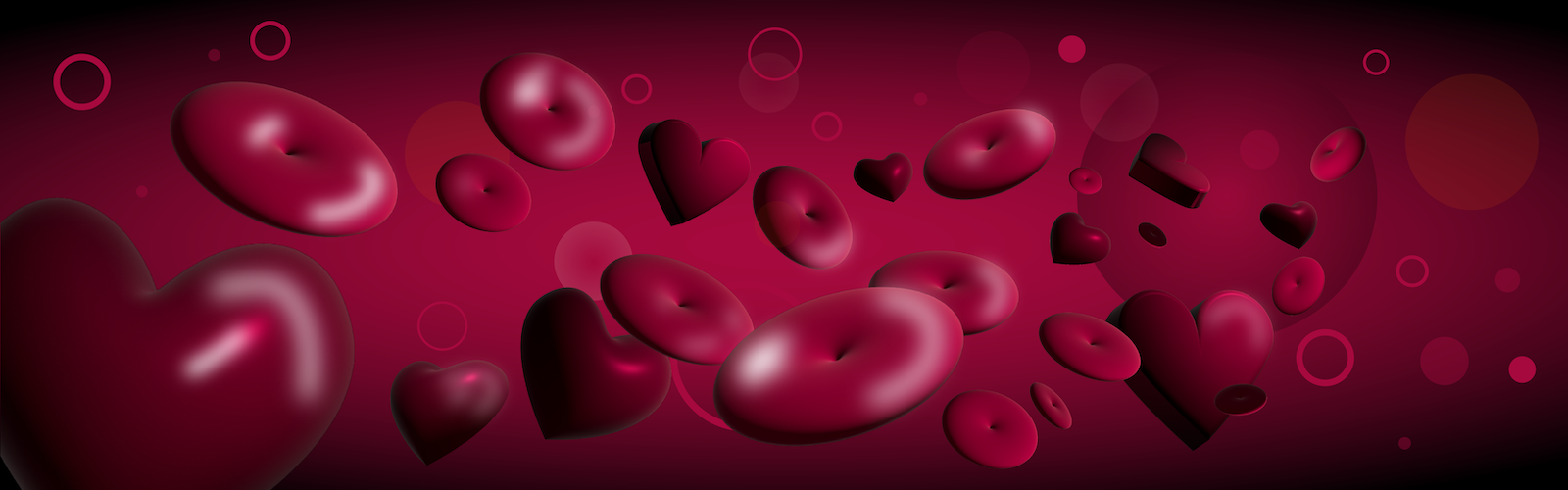 Graphic of red blood cells with some heart-shaped cells
