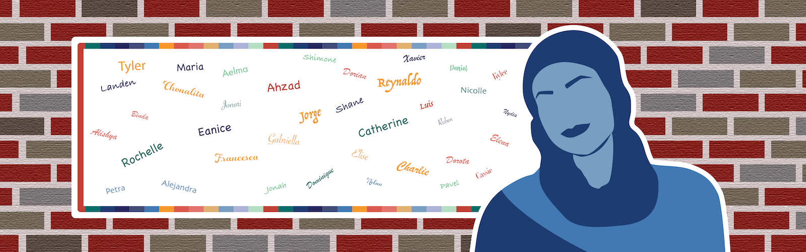 A colorful illustration of a CU Denver student standing in front of  a whiteboard with lots of names written in different colors