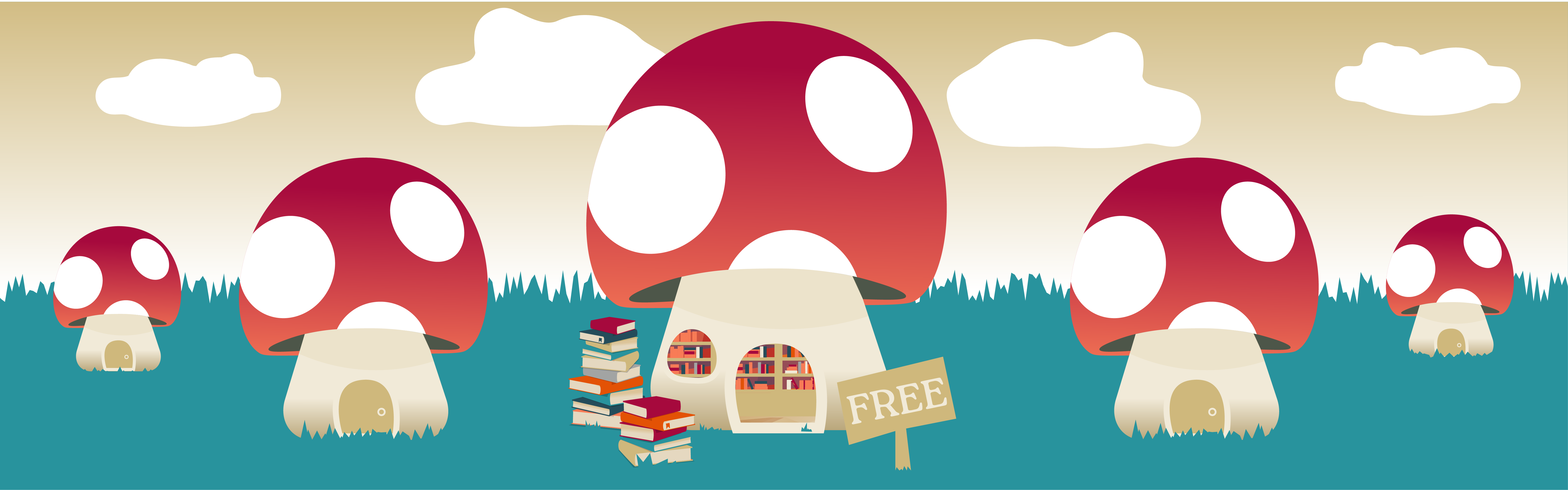 Graphic of mushrooms with libraries inside