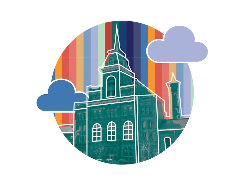 Colorful illustration of the Tivoli on the CU Denver campus