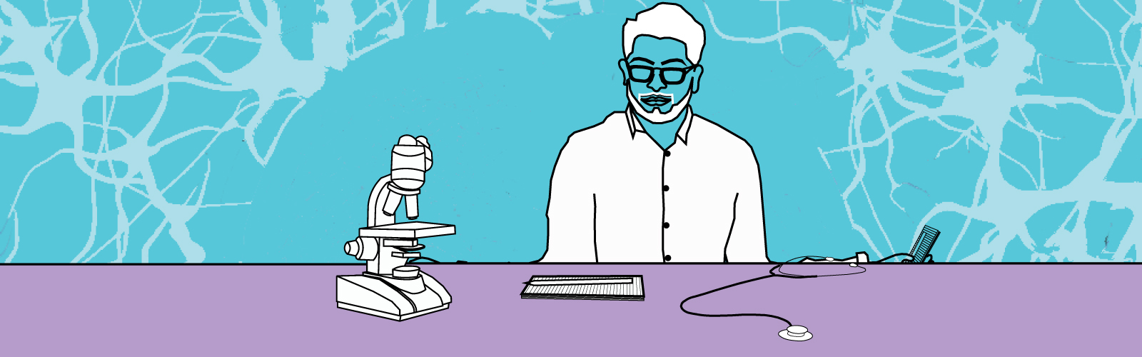 Animation of man at desk with telescope, notebook, and stethoscope