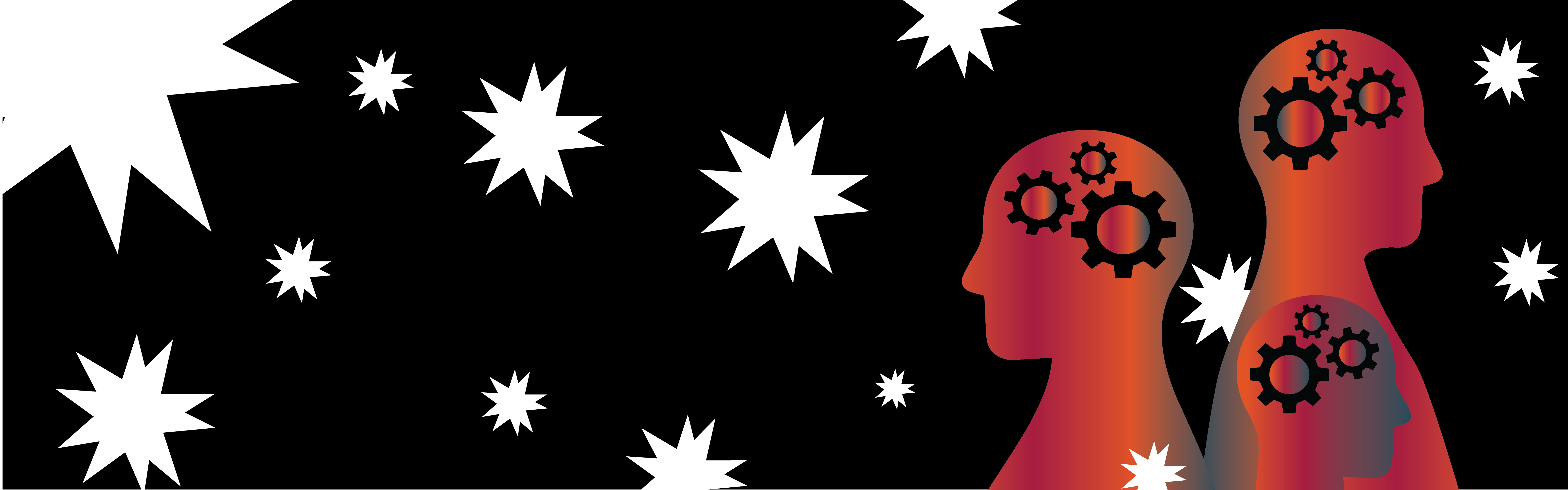 Graphic of side profile silhouettes with gears inside head. Stars in background.