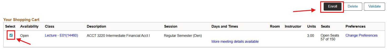 Select left box in shopping cart next to courses and enroll