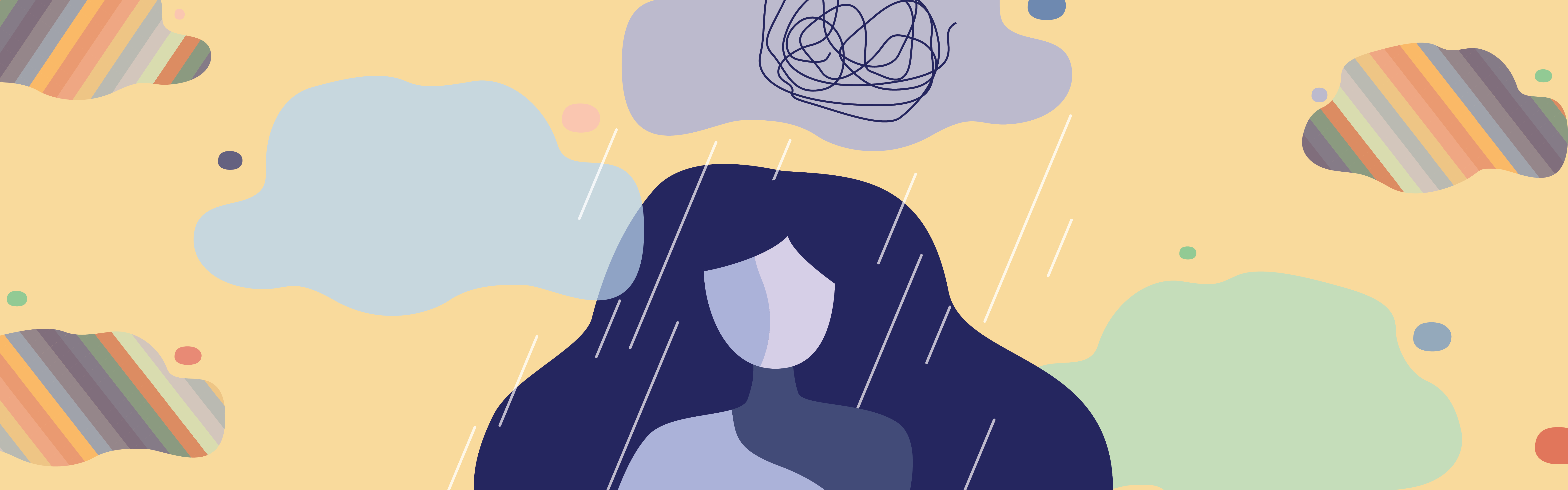 illustration of a person with flowing purple hair with a rain cloud over their head and rainbow clouds.