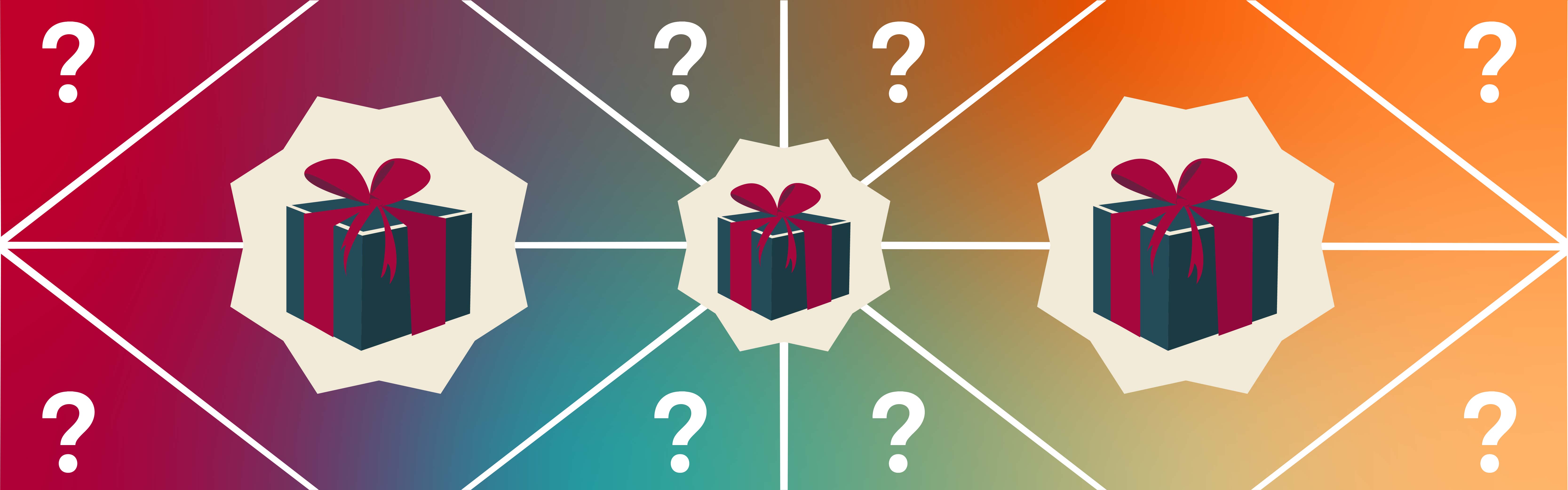 Colorful graphic with question marks and gift boxes