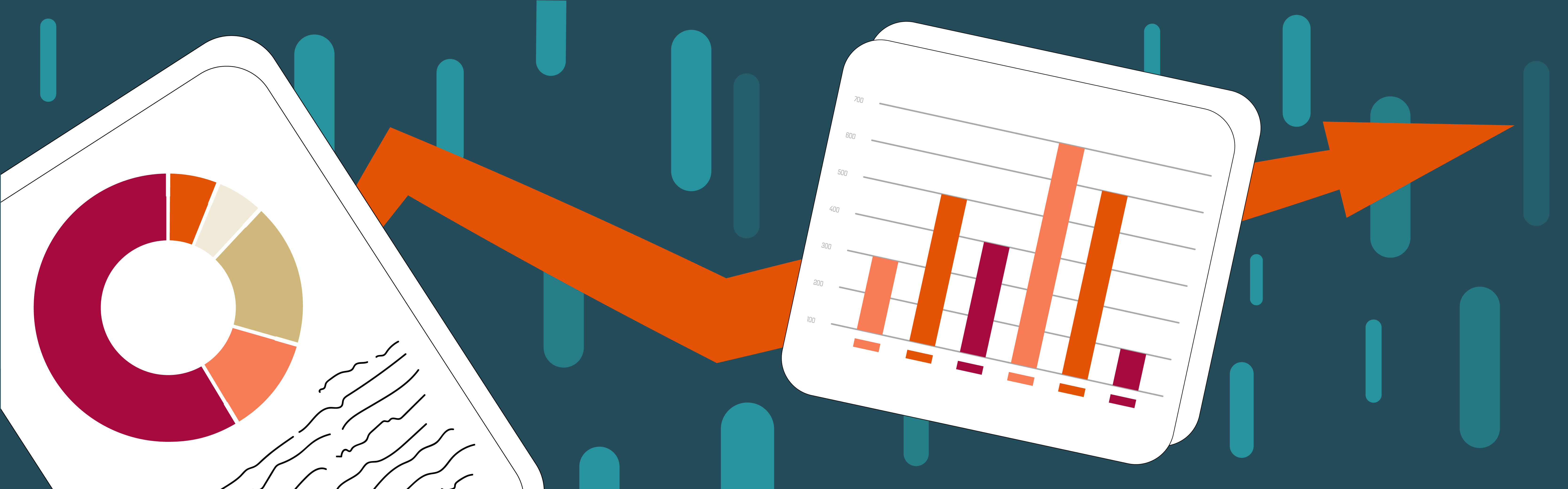 Graphic of an upwards arrow behind a page with a donut chart and a bar graph.
