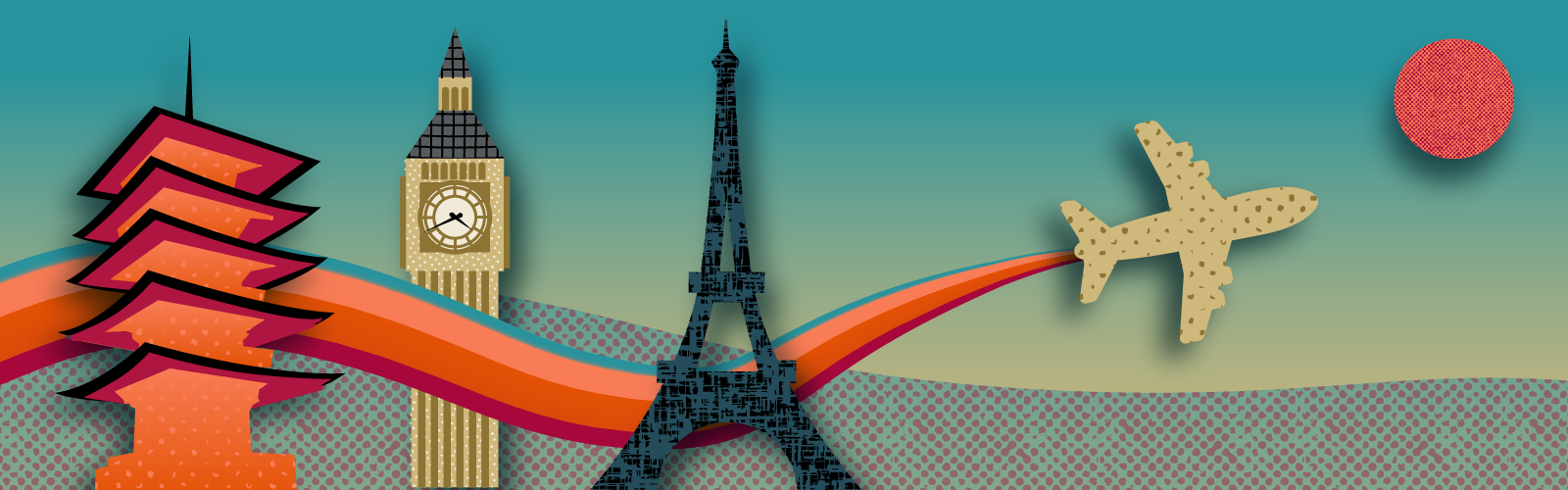 Graphic of plane flying past a pagoda, Big Ben, and the Eiffel Tower