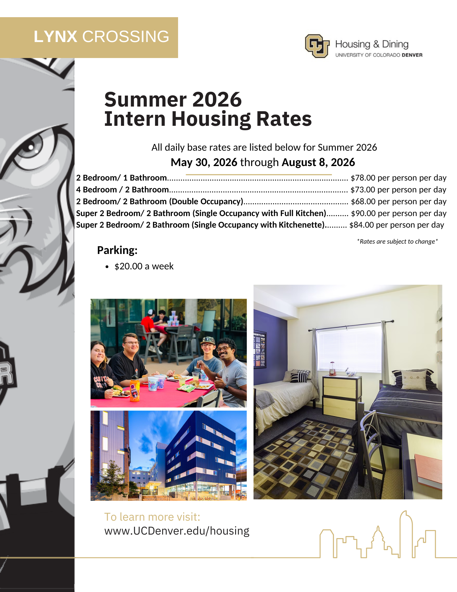 Summer 2026 Intern Housing Rates. Email summerhousing@ucdenver.edu for an accessible rate sheet.