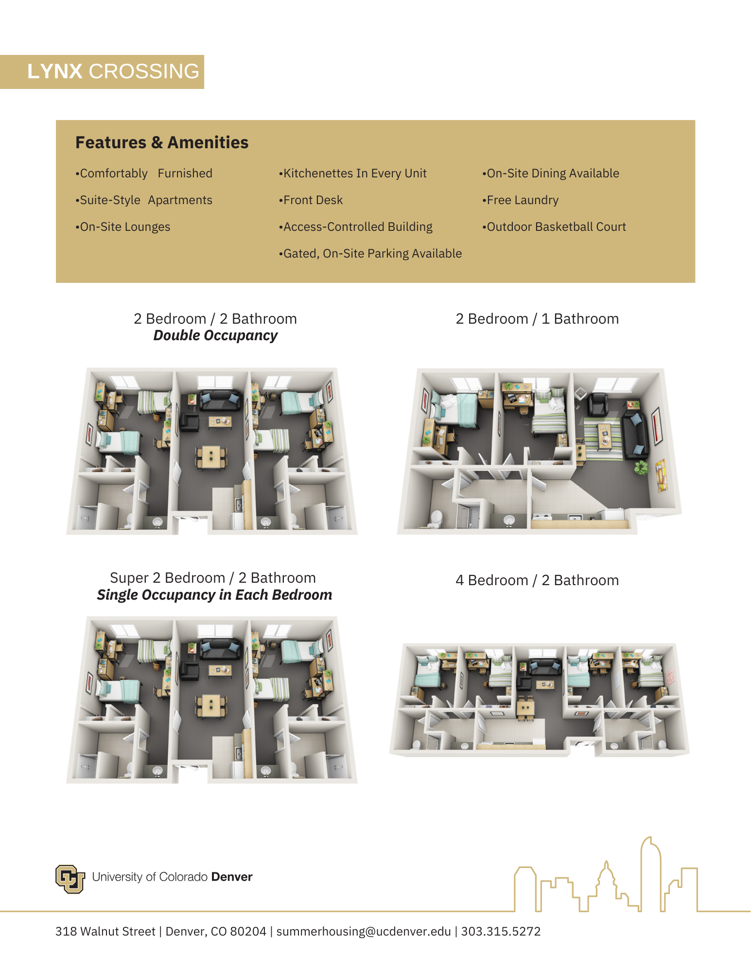 Summer 2026 Intern Housing Floor Plans - Need an Accessible Version? Email summerhousing@ucdenver.edu