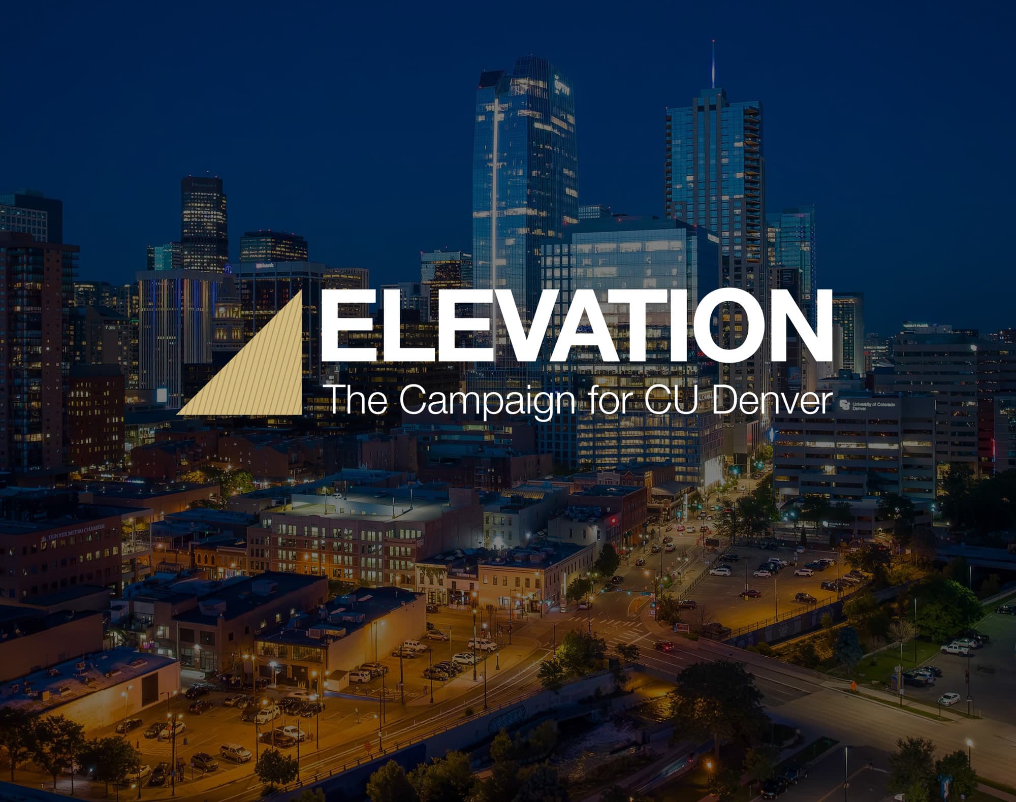 Aerial image of lower downtown Denver with white text overlay reading, 