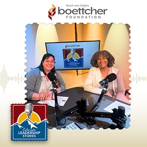 Thumbnail graphic for the Leadership Stories podcast showing two women seated in front of microphones.