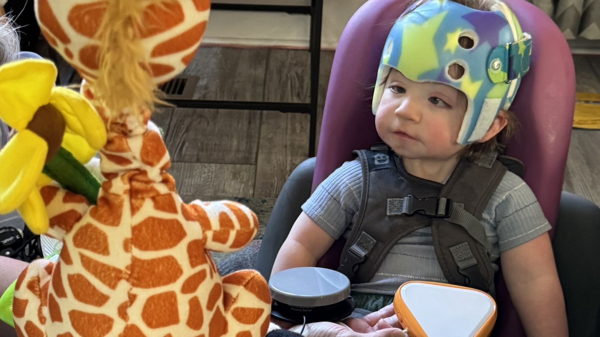 A toddler looks with interest at a dancing giraffe that's been adapted with large accessible switches.