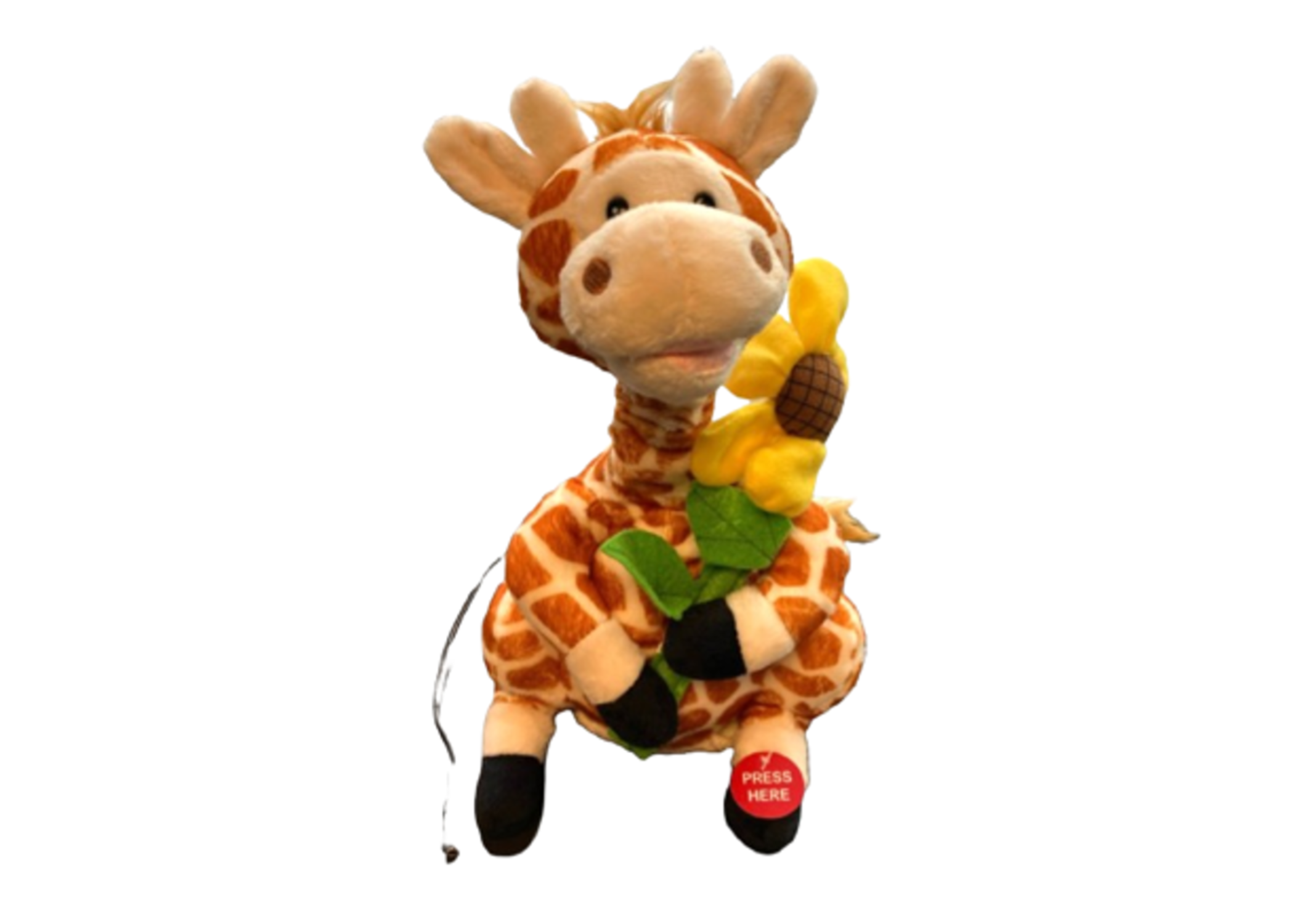 A giraffe stuffed animal with a Press Here button