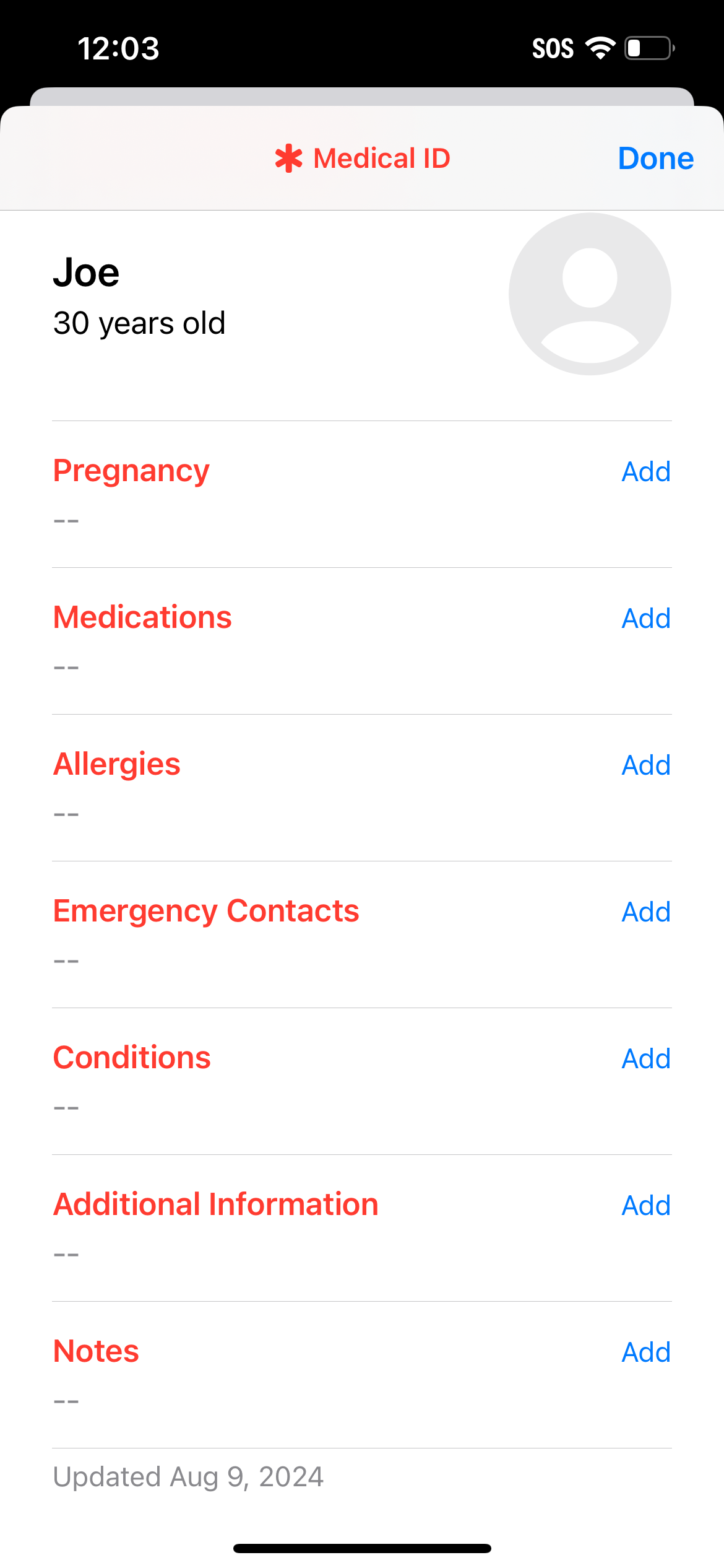 iOS Medical ID screen