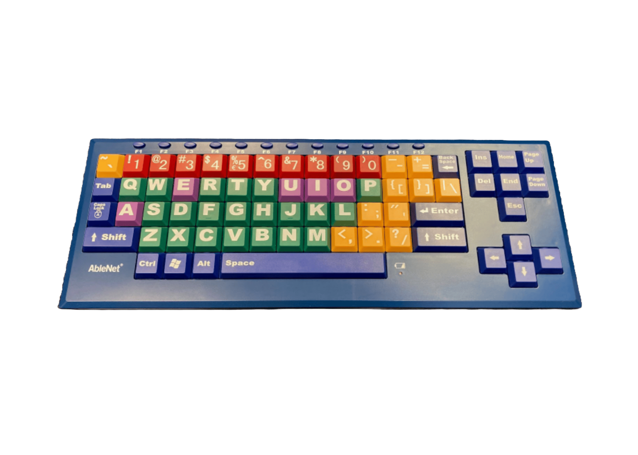 A brightly colored computer keyboard with keys in rainbow colors