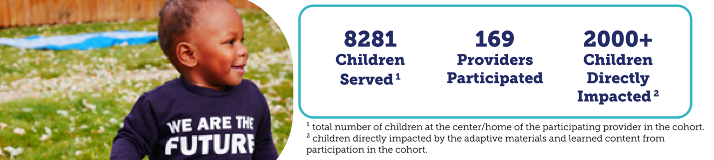 young boy smiling looking at the following data: 8281 children served, 169 providers participated, 2000+ children directly impacted