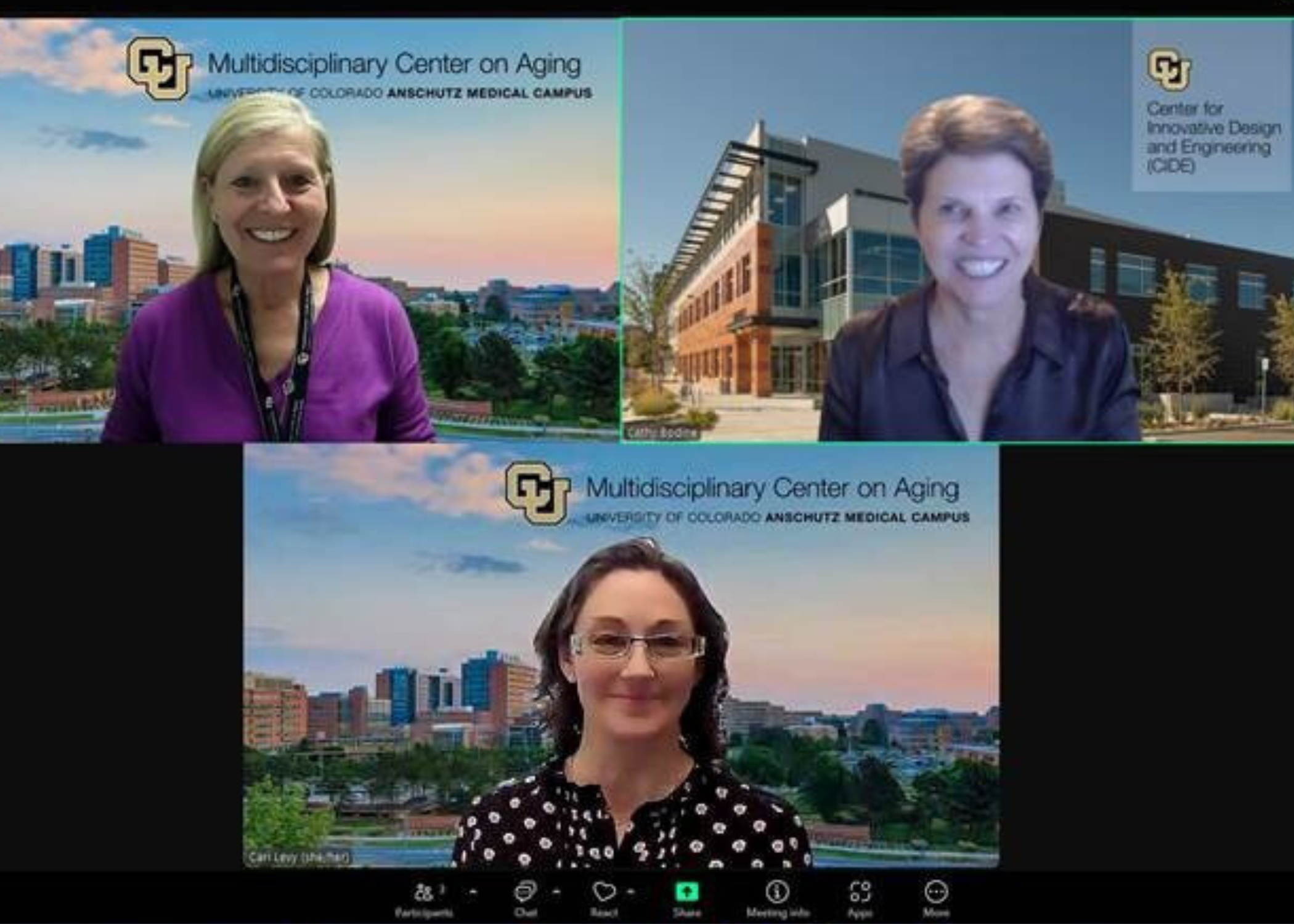 A zoom meeting with three smiling women. Cathy Bodine, Jodi Waterhouse, and Cari Levy